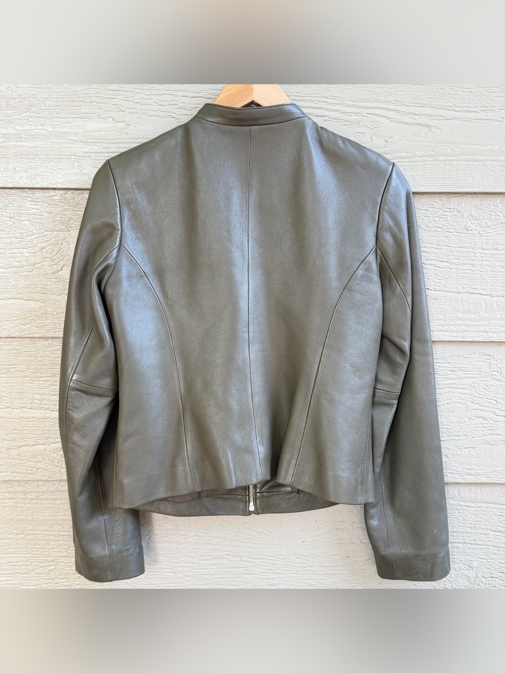 Ann Taylor‎ Women's Small Olive Green Leather Mock Neck Full Zip Jacket Lined - Picture 3 of 7